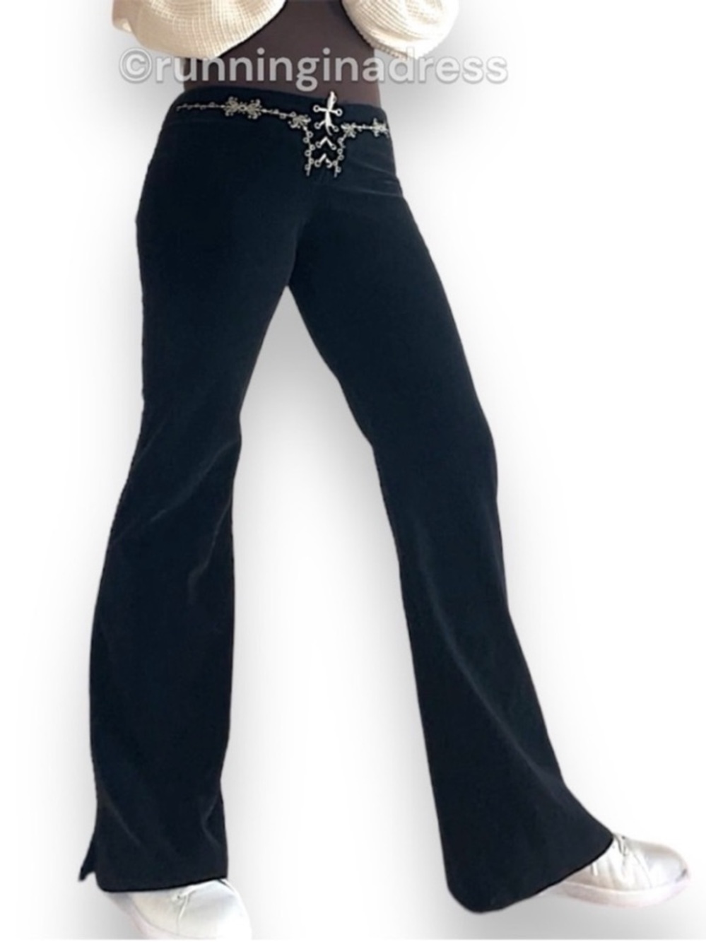 Vintage Bebe Embroidered Velvet Lace Up Flare Pants Black Y2K L Fits Modern 8 10